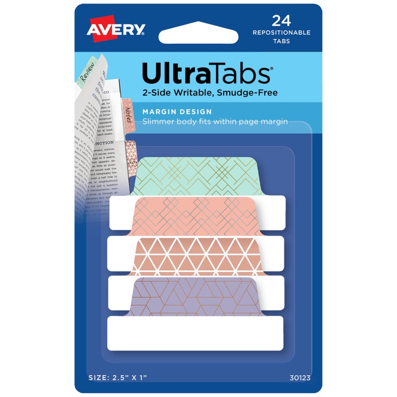 Avery Margin Ultra Tabs, 2.5" x 1", Assorted Metallic Geometric Designs, 24 Repositionable Page Tabs (30123) - Image 1